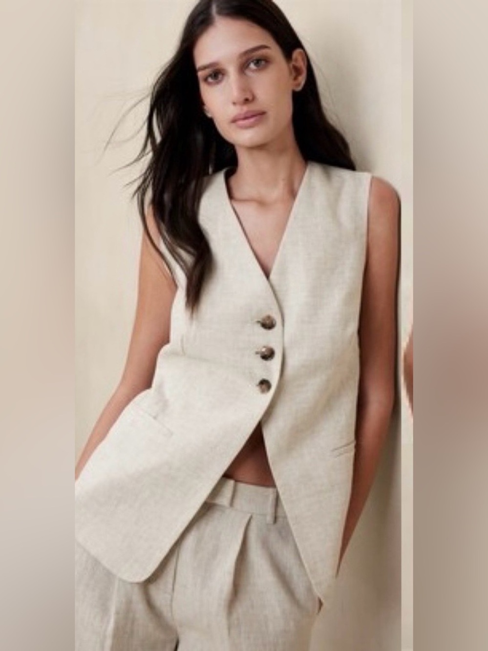 Banana Republic Linen Vest Size 6 Natural Button Front Tailored Waistcoat